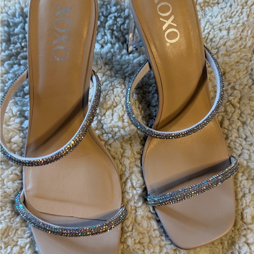 XOXO Glittering Strappy Heels - Silver and Tan Size 9.5
